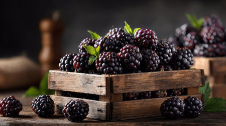 Fresh blackberries arranged in wooden box over dark rustic background under warm lightingの素材