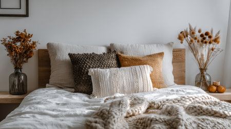 Bedroom interior styled with neutral bedding, dried flowers, and textured beige wallの素材