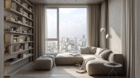 Compact apartment interior with modular furniture, floating shelves, and clean neutral tonesの素材