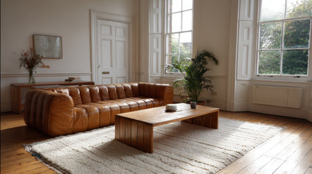 Bright living space with white walls, leather couch, low wooden table, and minimal decorの素材