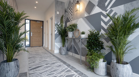 Hallway decorated with patterned runners, potted greenery, and geometric wall artの素材