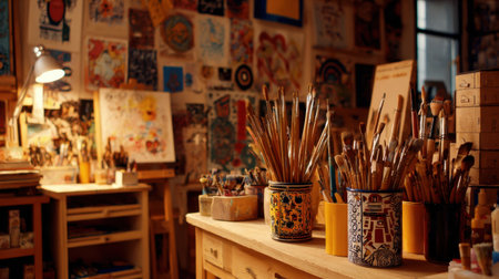 Artistic studio space with paintbrush holders, colorful canvases, and creative wall inspiration boardsの素材