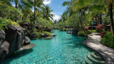 Outdoor pool surrounded by tropical plants and stone pathways in luxury resortの素材