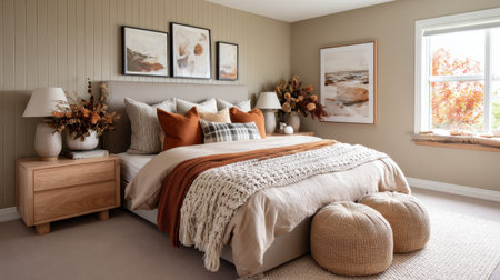 Bedroom interior styled with neutral bedding, dried flowers, and textured beige wallの素材