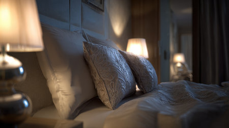 Softly lit modern bedroom with bedside lamps, textured bedding, and elegant simplicityの素材