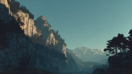 Steep mountain cliffs casting long shadows over valley floor at sunsetの素材