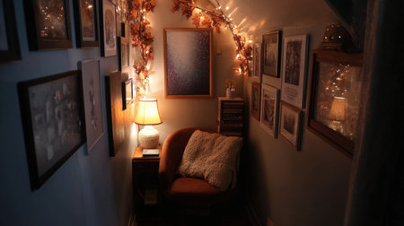 Cozy nook with wall-mounted fairy lights, a small table lamp, and decorative photo frames creating a dreamy atmosphereの素材
