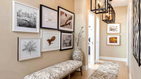 Elegant hallway gallery wall with framed photography and decorative lighting enhancing the visual interestの素材