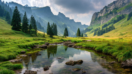 Serene alpine meadow in quiet mountain valley with clear river under summer skyの素材