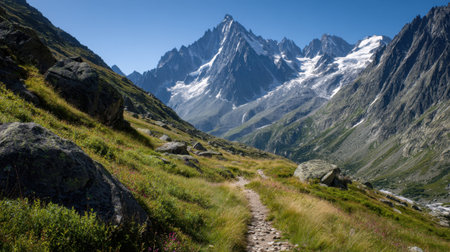 Narrow hiking trail through high alpine pass with sharp rocky ridges nearbyの素材
