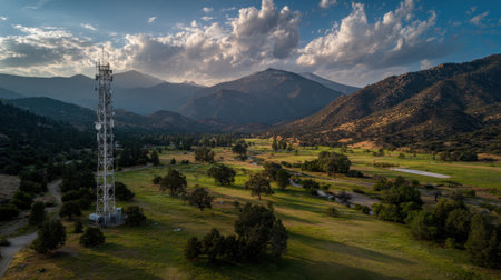 G cell tower in a rural landscape highlighting extended coverage in remote areasの素材