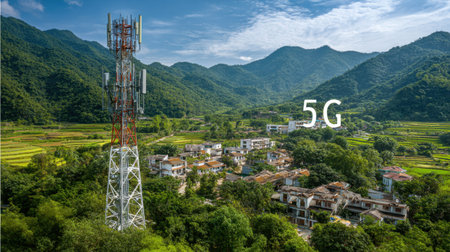 G cell tower in a rural landscape highlighting extended coverage in remote areasの素材