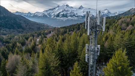 G cell tower in a rural landscape highlighting extended coverage in remote areasの素材