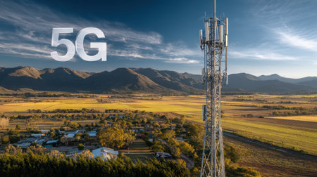 G cell tower in a rural landscape highlighting extended coverage in remote areasの素材