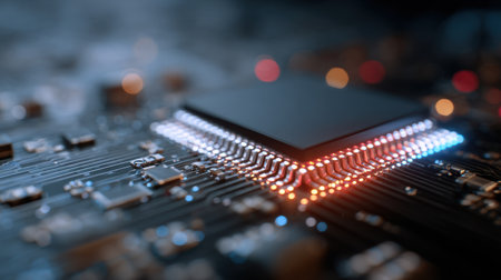 Artificial intelligence and quantum computing hybrid system concept with layered logic boardsの素材