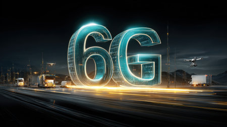 G text floating over high-tech digital interface with satellites, drones, and vehicles connectedの素材