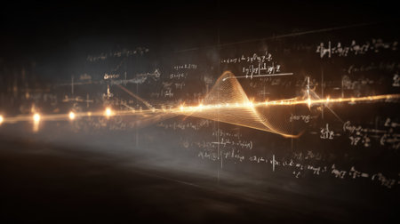 Blackboard-style digital image showing quantum algorithm steps with math formulas glowingの素材