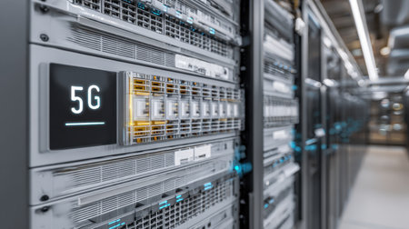 Close-up of network equipment panels labeled G in a high-tech server roomの素材