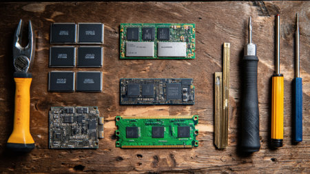 Flat lay of tech tools including SSDs, RAM, screwdrivers, and cables on a workbenchの素材