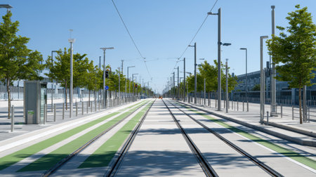 Empty road with dedicated lanes for autonomous buses, bike share, and MaaS ride pickupsの素材