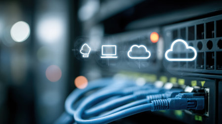 Close-up of cloud technology icons above network cables in corporate IT infrastructureの素材