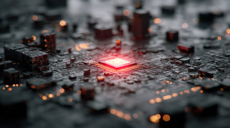 Conceptual image of quantum supremacy with processor core glowing in ultra-cold environmentの素材