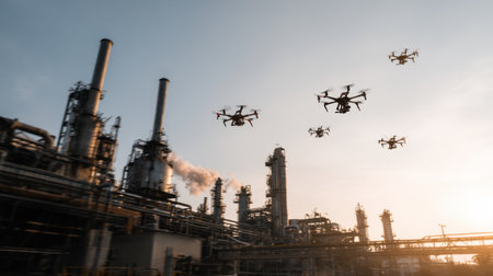 Drone swarm flying in pattern coordinated by ultra-fast G signals for industrial inspectionの素材