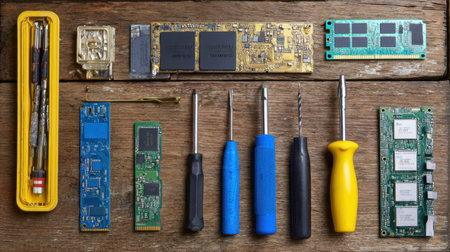 Flat lay of tech tools including SSDs, RAM, screwdrivers, and cables on a workbenchの素材