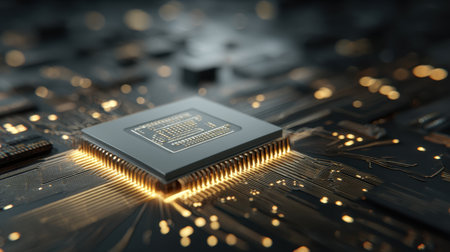 High-performance CPU chip isolated on tech background with glowing circuitsの素材
