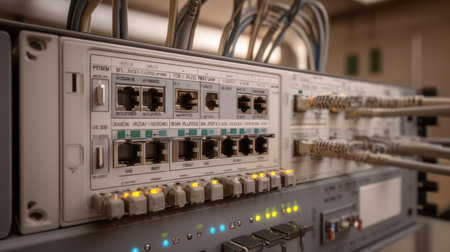 IT patch panel with labeled ethernet cables and blinking router lightsの素材