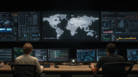 IT operations center with screens showing global data activity and analyticsの素材