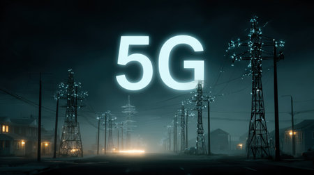 Smart grid concept with electric poles and G nodes transmitting energy and data in syncの素材