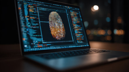 Programming code on laptop screen with digital fingerprint security overlayの素材
