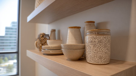 This image features an elegant arrangement of decorative kitchenware displayed on wooden shelves, showcasing a blend of modern design and classic craftsmanship.の素材