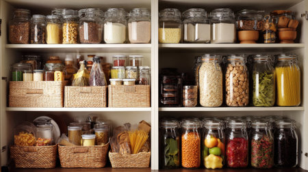 A beautifully organized pantry showcasing a variety of jars and baskets, ideal for stylish food storage and enhancing kitchen aesthetics. Bright and tidy.の素材