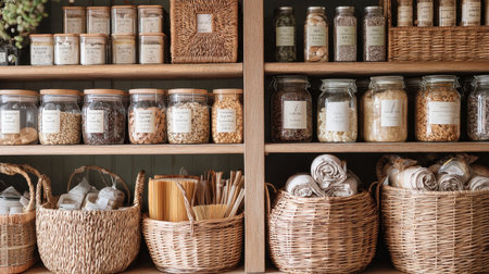 This image showcases a beautifully organized pantry featuring jars, woven baskets, and natural materials, perfect for enhancing home decor and storage solutions.の素材