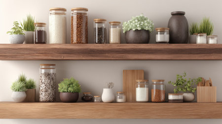 A beautifully arranged kitchen scene featuring open wooden shelves with stylish glass jars, vibrant plants, and minimalist decor elements creating a warm, inviting atmosphere.の素材