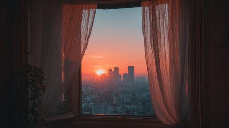 A stunning sunset view through sheer curtains showcases a vibrant city skyline. The warm colors create a tranquil atmosphere, perfect for relaxation.の素材
