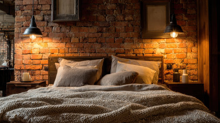 This image depicts a cozy bedroom featuring a rustic exposed brick wall, soft bedding, and warm lighting, creating a perfect atmosphere for relaxation and comfort.の素材