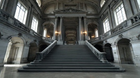 Explore an elegant interior showcasing a grand staircase with historic architecture, decorative elements, and beautiful natural light streaming through windows.の素材