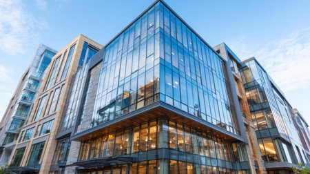 Explore a striking modern office building featuring a vast glass facade that reflects the vibrant urban environment under a bright blue sky.の素材