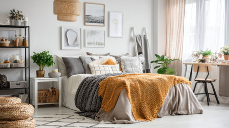 A serene bedroom, featuring a beautifully arranged bed with soft textiles, stylish decor elements, and inviting natural accents, perfect for restful living.の素材