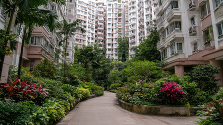 A serene pathway winds through a vibrant garden in an urban residential area, showcasing tropical plants amidst modern architecture, inviting relaxation and harmony.の素材