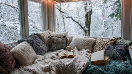 This image captures a cozy winter retreat filled with soft blankets and warm drinks, overlooking a snowy forest through a window, creating a serene atmosphere.の素材