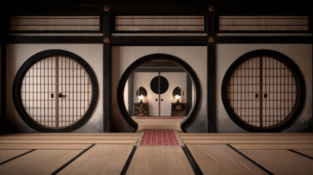 Discover a tranquil interior of a traditional Japanese room featuring round doorways and elegant lanterns, embodying minimalist design and serene ambiance.の素材
