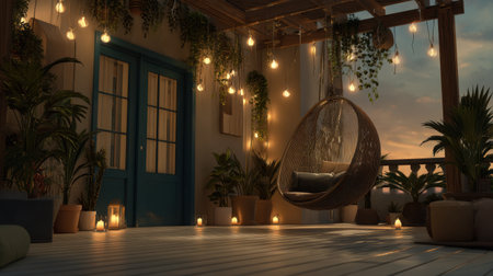 This image showcases a cozy outdoor patio featuring a hanging chair, illuminated by soft lights, surrounded by lush greenery, creating a serene atmosphere.の素材