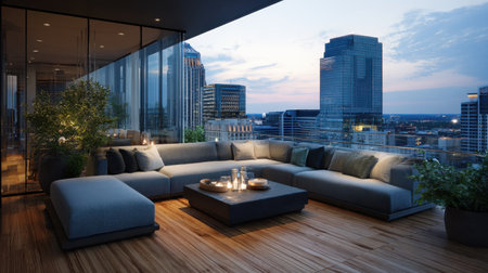 A stunning modern rooftop lounge featuring a plush sofa and a cozy table with candles, showcasing a beautiful cityscape view at dusk. Perfect for relaxation.の素材
