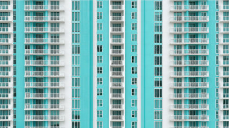 A stunning image of a modern apartment building showcasing a vibrant blue and white facade with numerous balconies and windows, highlighting urban living.の素材