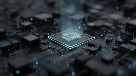 This high-resolution image showcases a futuristic digital circuit board with a light beam symbolizing advanced technology and data processing in a modern computing setup.の素材