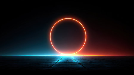 This stunning abstract image showcases a glowing circle with vibrant colors set against a dark background, evoking a futuristic atmosphere perfect for digital art.の素材